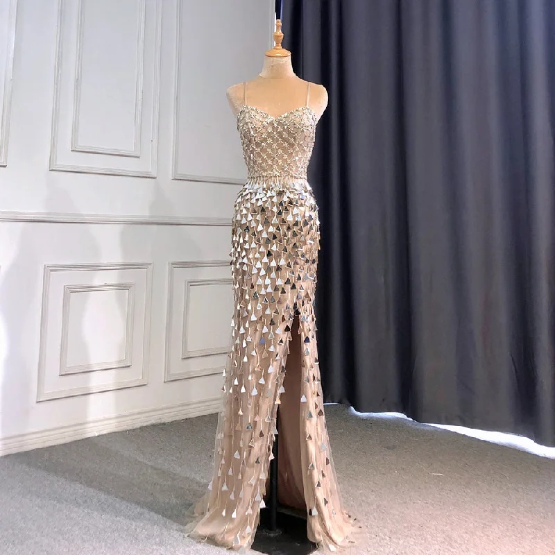 Evening dress with pleated skirt-Serene Hill Silver Nude Spaghetti Strap Luxury Evening Dresses Gowns 2024 Mermaid Sequins Beaded Elegant For Women Party LA71666