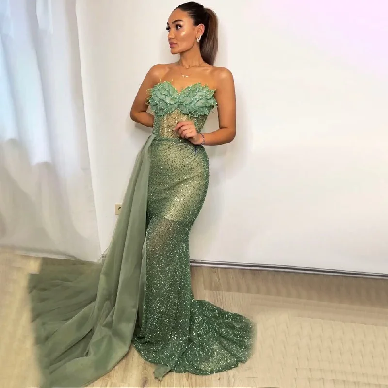 Evening dress with sleeves-Serene Hill Turquoi Mermaid Sexy Strapless Elegant With Skirt Lace Beaded Luxury Party Dresses Formal Women Evening 2024 LA71787