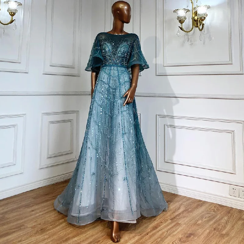 Evening dress with tulle overlay-Serene Hill Turquoise Long Flare Sleeves Evening Dresses Gowns 2024 A-Line Luxury Beaded For Women Party LA70822