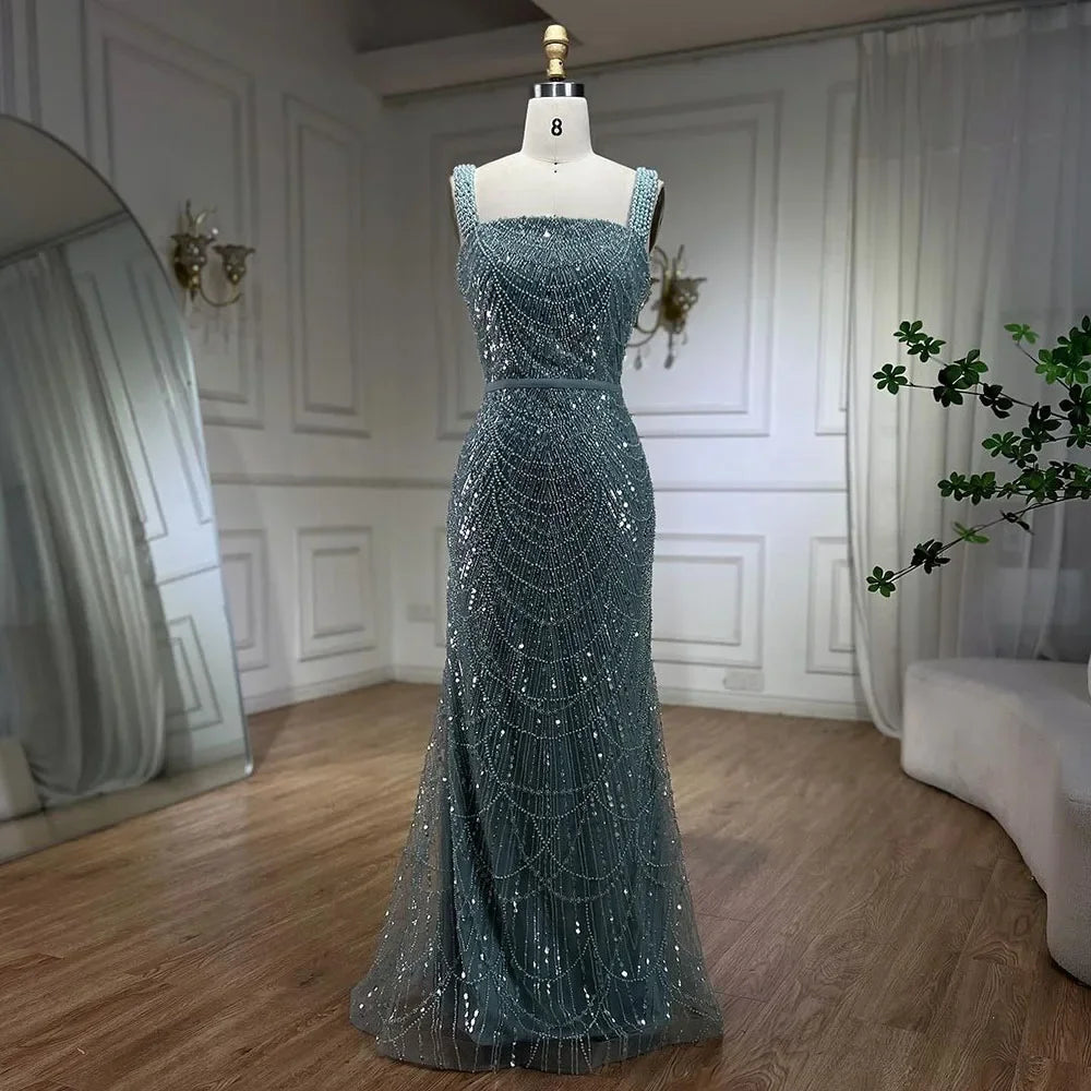 Blue evening dress-Serene Hill Turquoise Mermaid Beaded Pearls Spaghetti Straps and Floor Length Evening Gown Party Dress for Women 2024 LA72032C