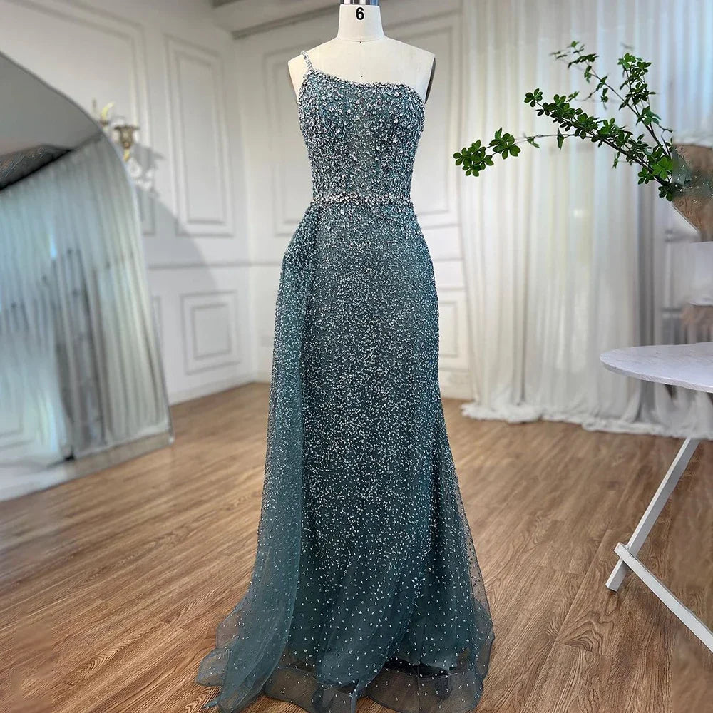 Evening dress with fringe-Serene Hill Turquoise Mermaid One Shoulder With Overskirt Beaded Evening Dresses Gowns 2024 For Women Wedding Party LA72144