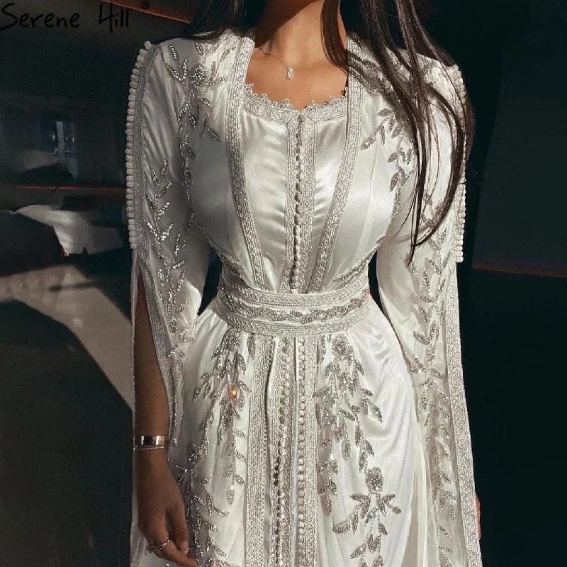 Evening dress with sheer sleeves-Serene Hill White Muslim  Caftan Luxury Mermaid Evening Dress 2024 Cape Sleeves Beading Gowns Elegant For Women Party LA71015