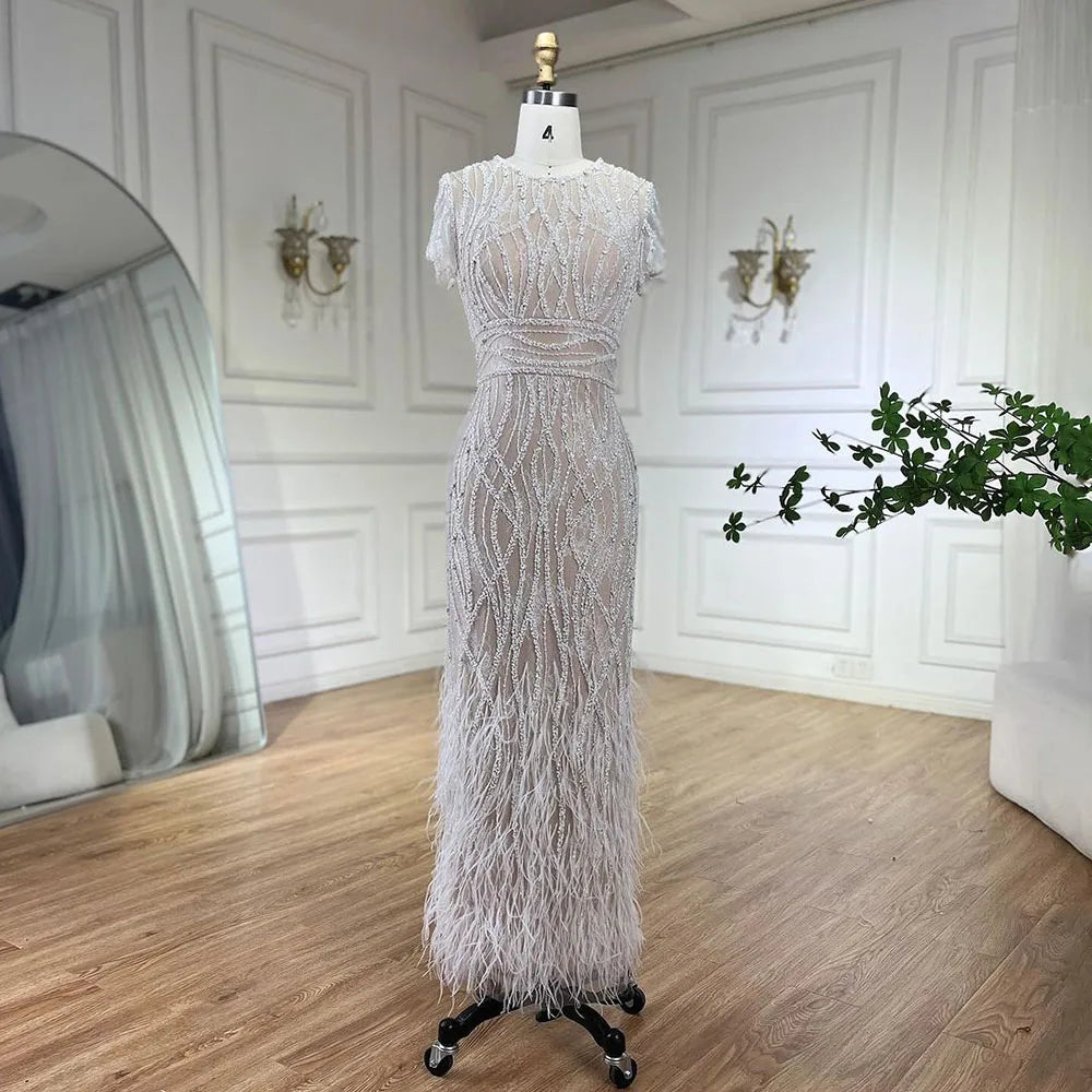 Metallic evening dress-Serene Hill White Nude Ankle Length Evening Dress with Feathers Beaded Women Black Formal Dresses for Wedding Party LA72076A