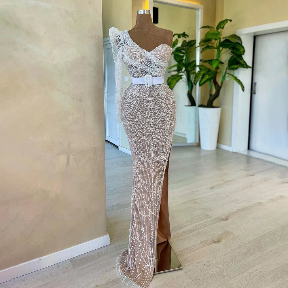 Pink evening dress-Serene Hill White Nude Mermaid One Shoulder High Split Beaded Luxury Evening Dresses Gowns For Women Wedding Party 2024 LA72269