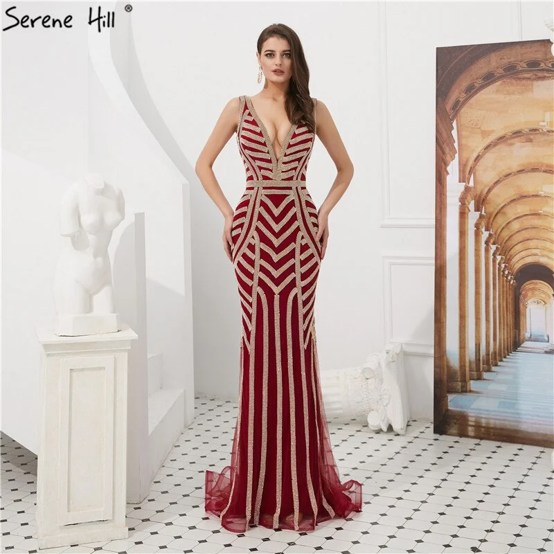 Evening dress with corset bodice-On Sale No Return No Refund Sale Serene Hill Wine Red Full Diamond Evening Dresses Gowns 2024 Luxury Mermaid Sexy Elegant For Women Party LA6212