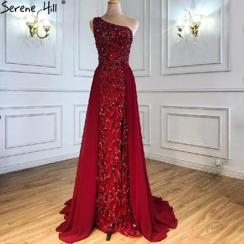 Evening dress with spaghetti straps-Serene Hill Wine Red Luxury Mermaid Evening Dresse Gowns 2024 Elegant Beaded Detachable Skirt For Women Party LA70829A