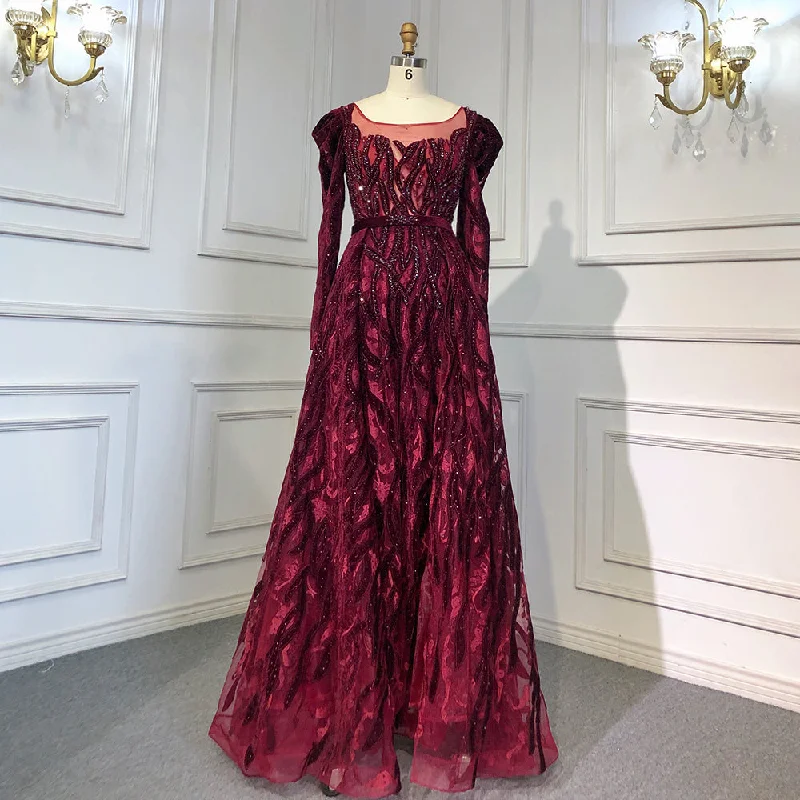 Evening dress with lace applique-Serene Hill Wine Red Mermaid Elegant Evening Velvet Muslim Dresses Long Sleeves 2024 Beaded Luxury For Women Party LA71637