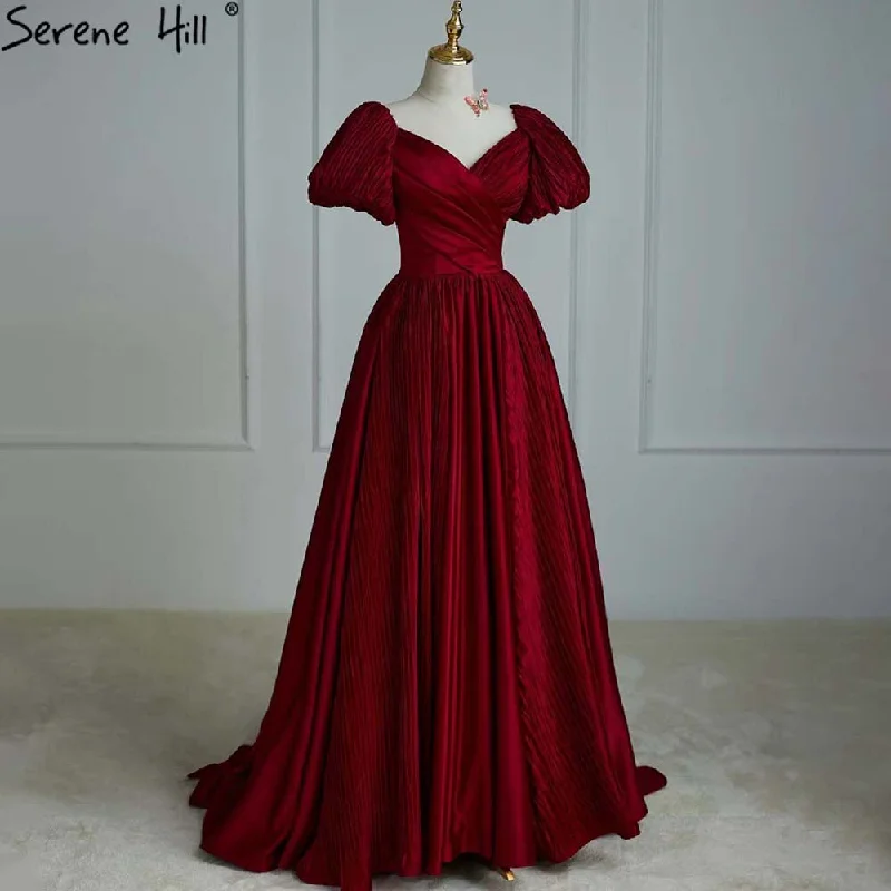 Evening dress with embellishments-Serene Hill Wine Red Satin Evening Dresses Gowns 2024 A-Line Simple Short Sleeve Sexy For Women Party LA71347