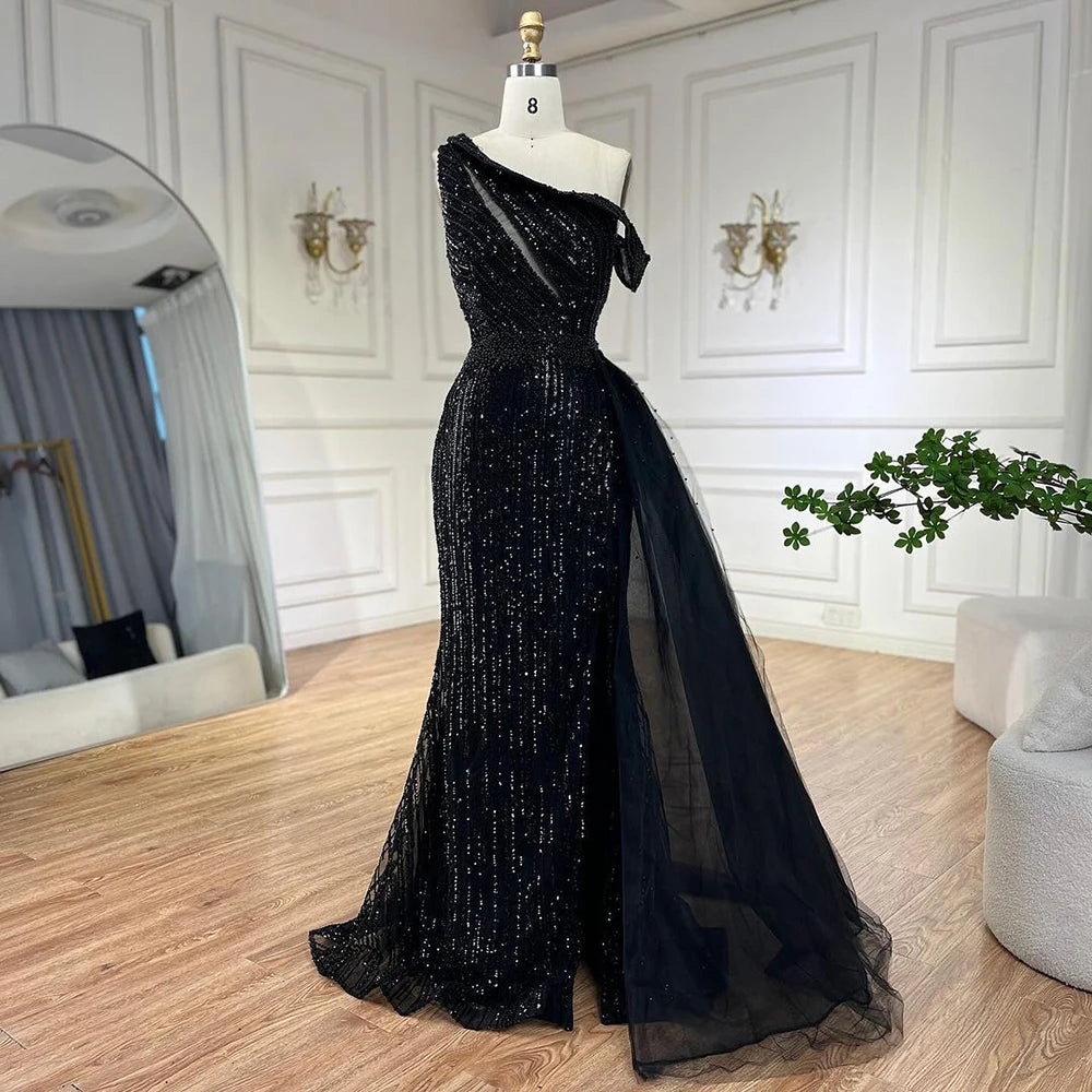 Evening dress with sheer sleeves-Serene Hill Yellow One Shoulder Black High Split Mermaid Beaded Evening Dresses Gowns for Women Wedding Party 2024 LA72424