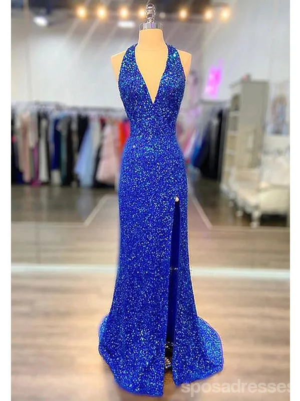 Evening dress with modern design-Sexy Blue Mermaid Halter Deep V-neck Long Prom Dresses Online,13062