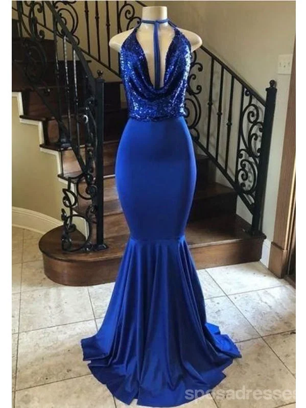 Evening dress with off-shoulder neckline-Sexy Blue Mermaid Halter Sleeveless Long Prom Dresses Online,13061