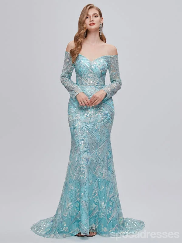 Evening dress with fishtail-Sexy Blue Mermaid Long Sleeves Off Shoulder Cheap Prom Dresses,12988