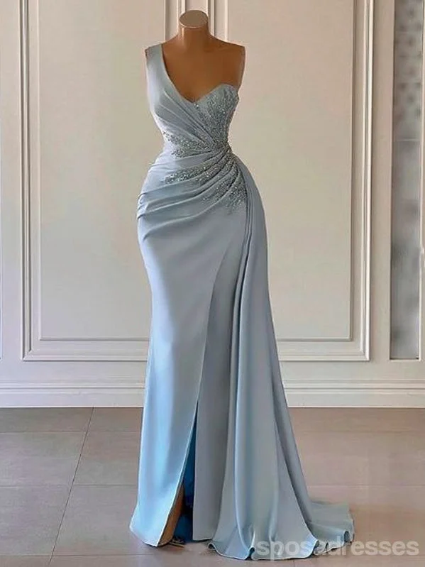 Plus size evening dress-Sexy Blue Mermaid One Shoulder High Slit Cheap Long Prom Dresses,13020