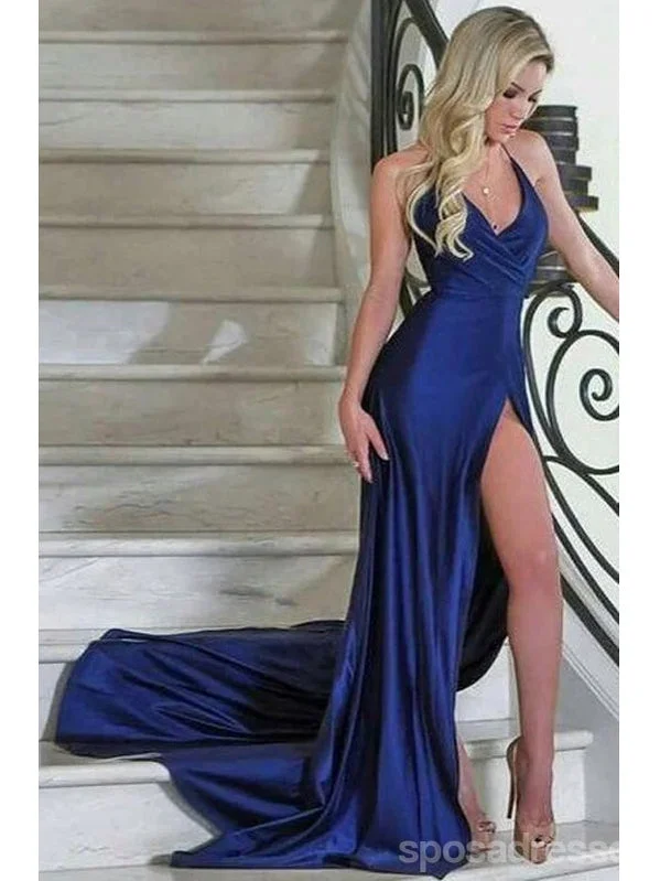 Evening dress with mermaid style-Sexy Blue Mermaid Spaghetti Straps V-neck High Slit Long Prom Dresses Online,13063