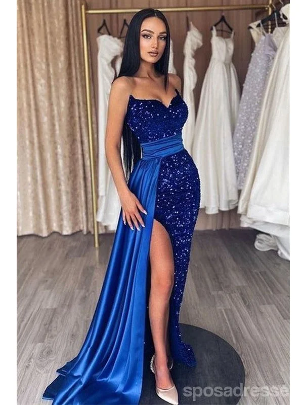 Vintage evening dress-Sexy Blue Mermaid Sweetheart High Slit Cheap Long Prom Dresses,13014