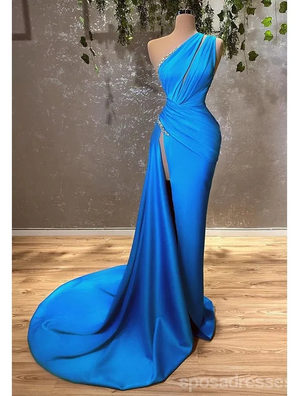 Evening dress with tulle-Sexy Blue Sheath One Shoulder High Slit Cheap Long Prom Dresses,13039