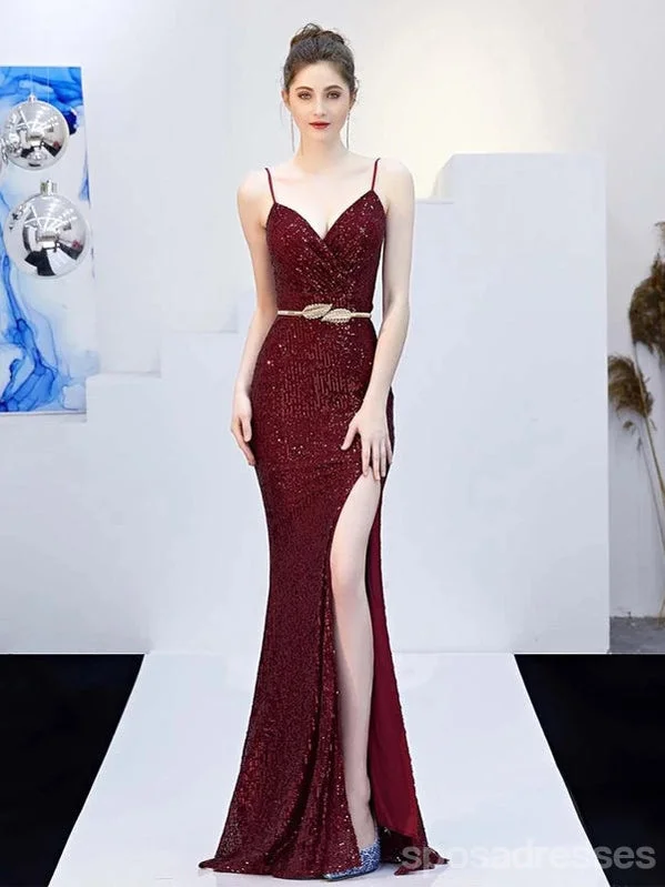 Evening dress with trumpet silhouette-Sexy Burgundy Mermaid Spaghetti Straps V-neck High Slit Long Prom Dresses,12962