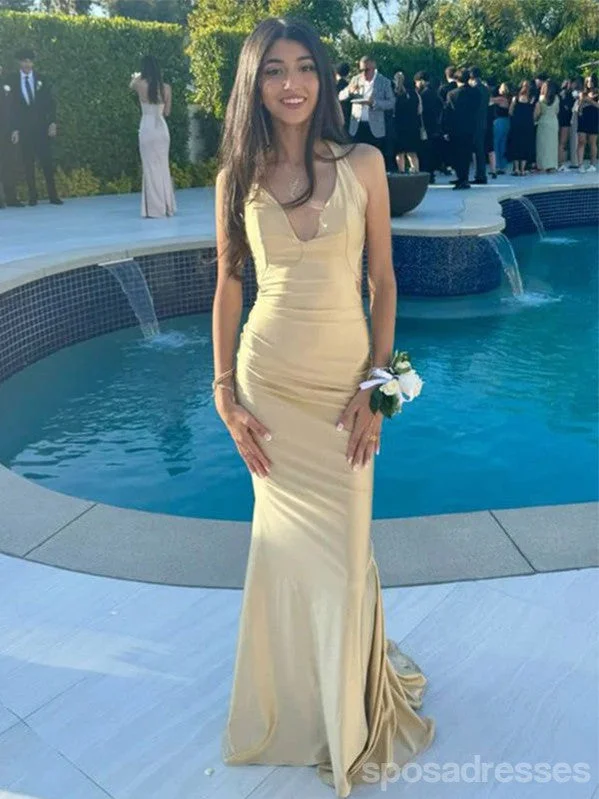 Evening dress with metallic thread-Sexy Champagne Mermaid Halter V-neck Cheap Long Prom Dresses,13043