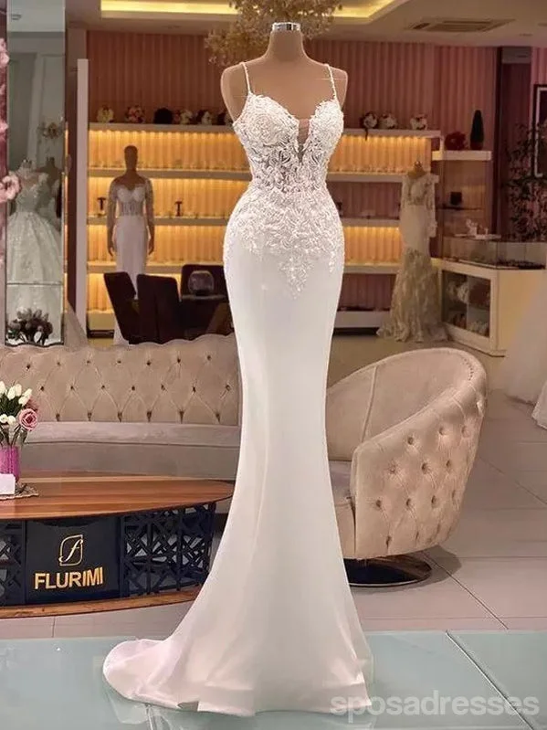 Evening dress with glitter-Sexy Mermaid Off White Spaghetti Straps Cheap Long Prom Dresses,13068