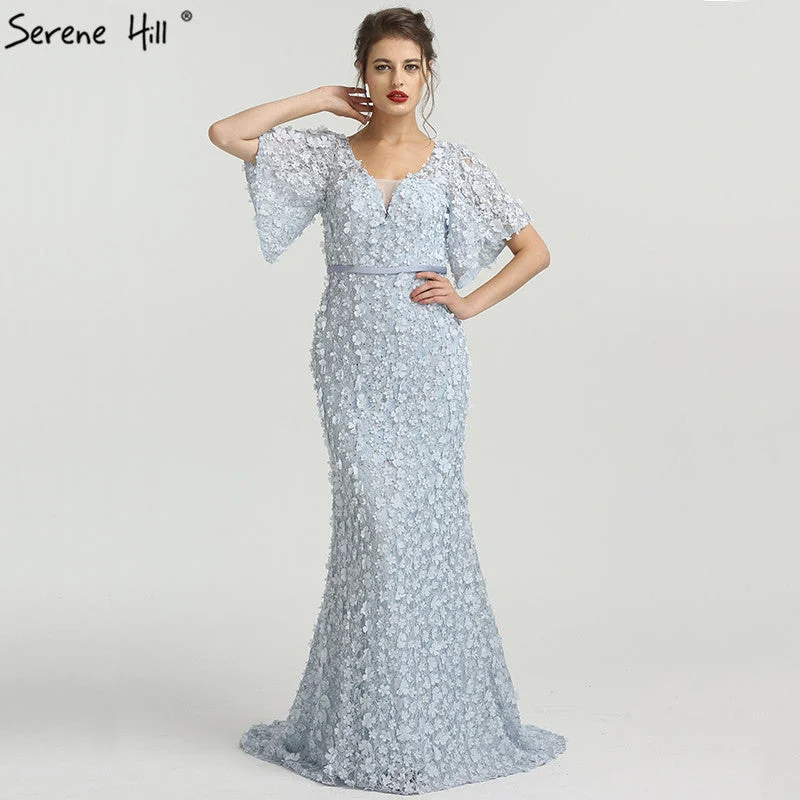 Evening dress with embellishments-On Sale No Return No Refund Sale Sexy Mermaid Short Sleeves Luxury Evening Dresses Flowers Lace  Pearls Fashion Elegant Evening Gowns 2024 Serene Hill LA6311