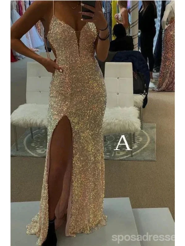 Plus size evening dress-Sexy Mermaid Spaghetti Straps V-neck High Slit Cheap Prom Dresses,12954