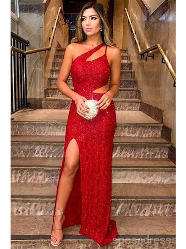 Evening dress with sequined bodice-Sexy Red Mermaid One Shoulder Side Slit Cheap Long Prom Dresses,12970