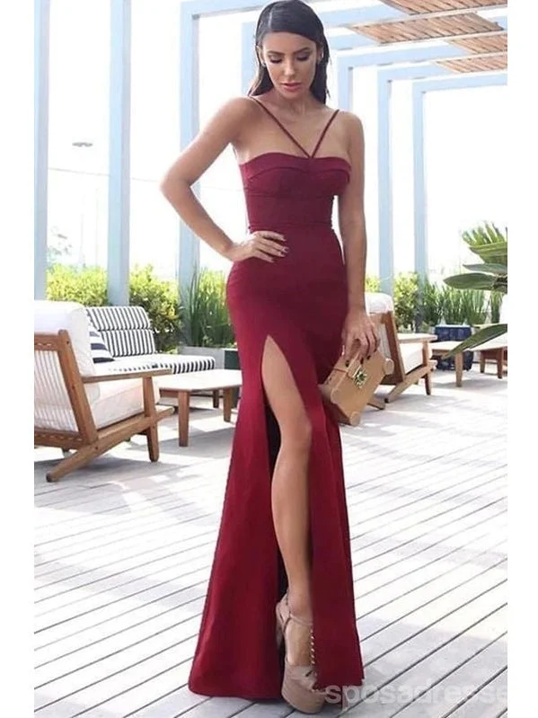 Evening dress with lace-up back-Sexy Red Mermaid Spaghetti Straps Side Slit Cheap Long Prom Dresses,12979