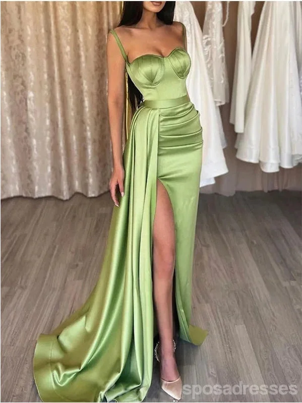 Evening dress with spaghetti straps-Simple Sage Mermaid Spaghetti Straps High Slit Cheap Long Prom Dresses,12966