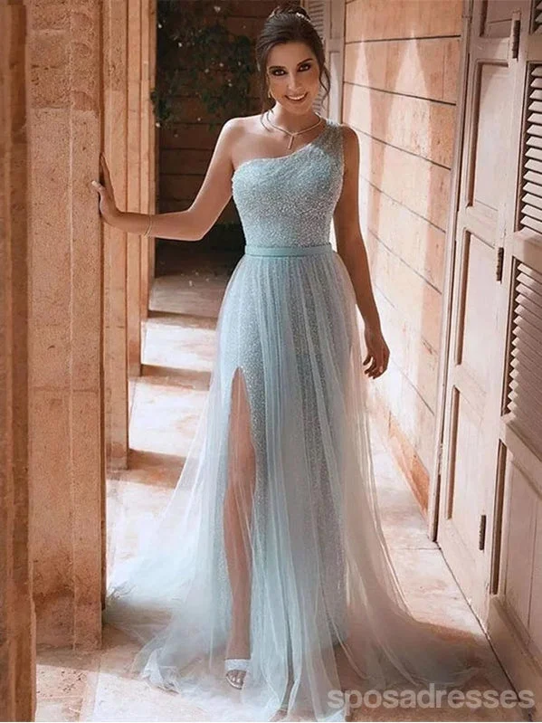 Evening dress with plunging neckline-Sky Blue A-line One Shoulder High Slit Cheap Long Prom Dresses,12974