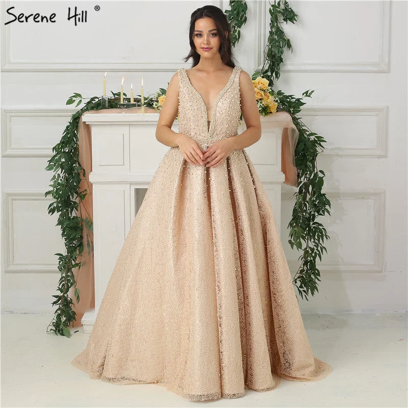 Evening dress with fishtail-On Sale No Return No Refund Sale Sleeveless Deep-V Sexy Long Evening Dresses Pearls Crystal Evening Gown LA6173