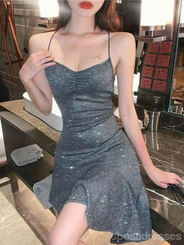 Evening dress with lace-Sparkly Grey Spaghetti Straps Short Homecoming Dresses,Cheap Short Prom Dresses, CM876