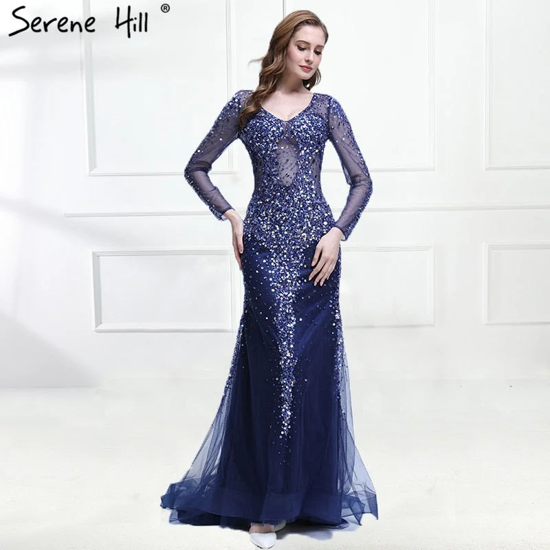 Evening dress with lace-up back-On Sale No Return No Refund Sparkly Luxury Crystal Sequined Tulle Evening Dress Elegant Mermaid LA6400