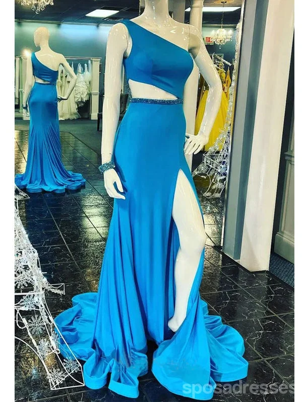 Evening dress with puff sleeves-Unique Blue Mermaid One Shoulder High Slit Long Prom Dresses,13059