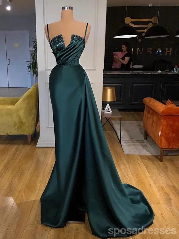 Evening dress with wrap design-Unique Green Sheath Spaghetti Straps V-neck Cheap Long Prom Dresses,13036