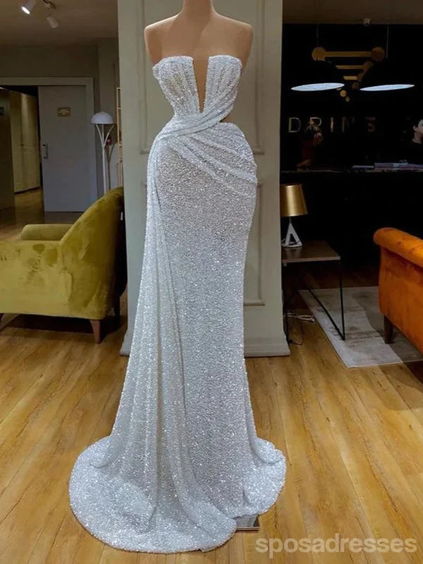 Elegant evening dress-Unique Ivory Mermaid Deep V-neck Cheap Long Prom Dresses,13007