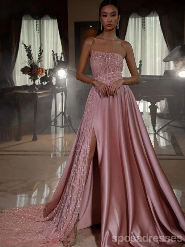 Halter neck evening dress-Unique Pink A-line Strapless High Slit Long Prom Dresses Online,13032