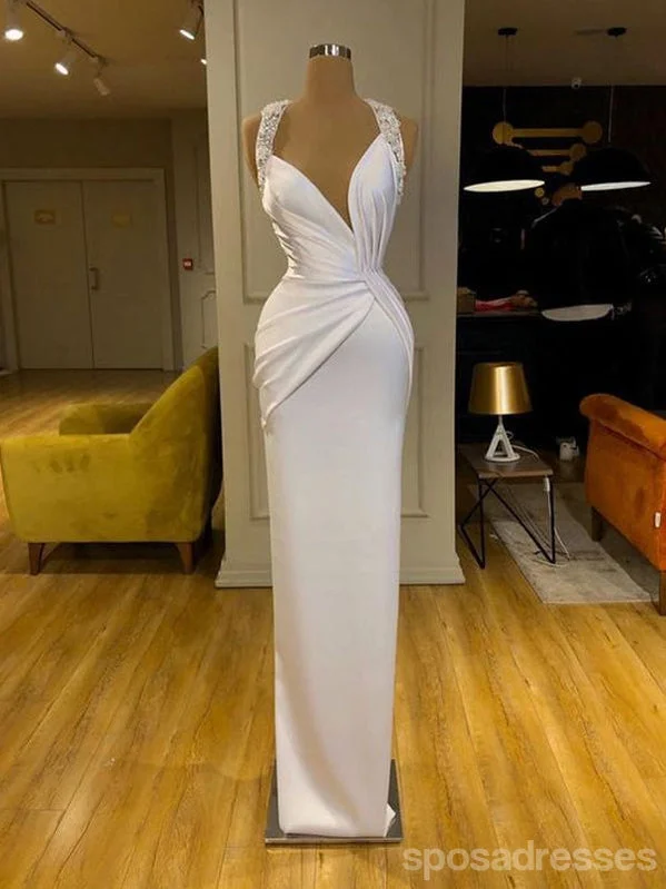 Bohemian evening dress-Unique White Sheath V-neck Cheap Long Prom Dresses Online,13012