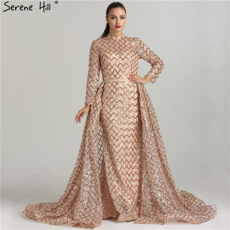 Evening dress with metallic thread-On Sale No Return No Refund Vintage Long Sleeve Luxury Sparkly Evening Dresses 2024 Sequined High Neck Fashion Tulle Evening Gowns Vestidos De Festa LA6414