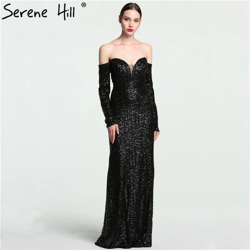 Evening dress with floral print-On Sale no return no refund Sale Vintage Off Shoulder Long Sleeves Evening Dresses Beading Sequined Mermaid LA6128