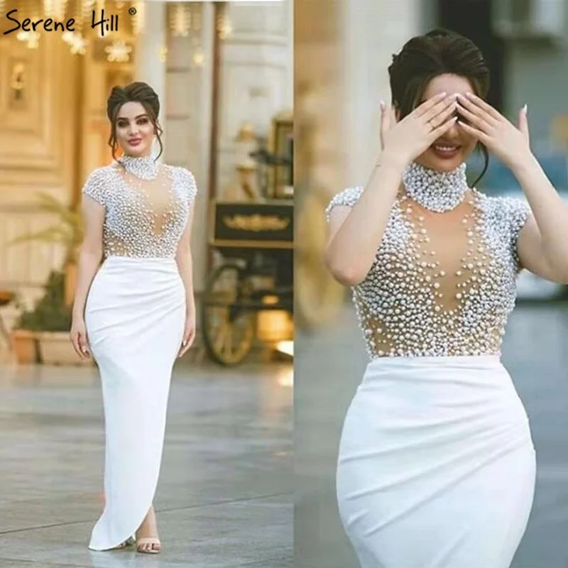 Evening dress with illusion sleeves-White Short Sleeves Mermaid Evening Dresses Design 2024 High Neck Pearls Beading Evening Gowns Serene Hill LA70207