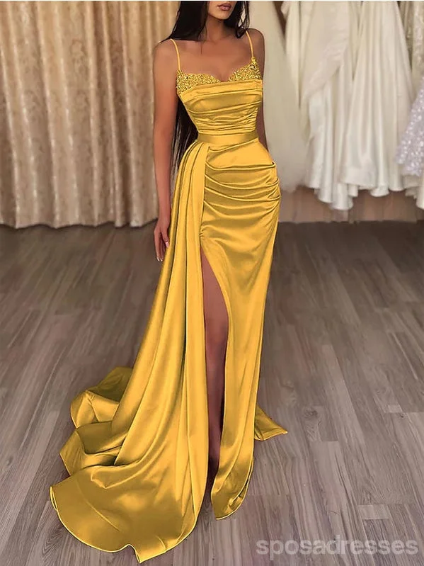 Classic evening dress-Yellow Sheath Spaghetti Straps High Slit Cheap Long Prom Dresses,13010