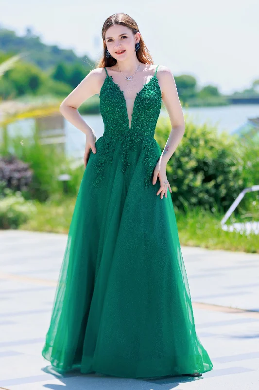 Green evening dress-A-Line Floor Length Tulle Prom Dress CS0501