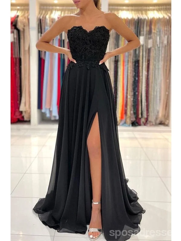 Evening dress with flared skirt-Black A-line Sweetheart High Slit Cheap Long Prom Dresses Online,12850