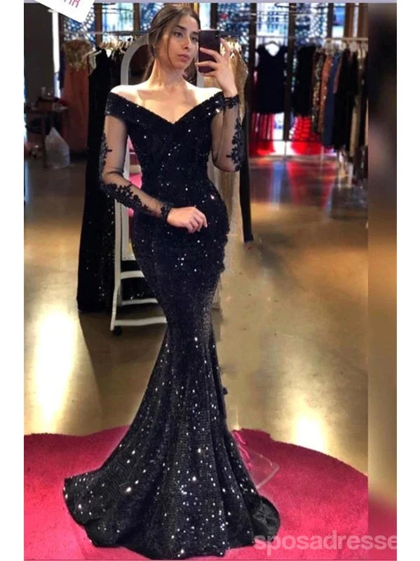 White evening dress-Black Mermaid Long Sleeves Off Shoulder Cheap Prom Dresses Online,12874