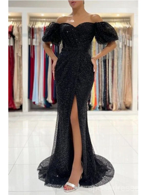 Blue evening dress-Black Mermaid Off Shoulder High Slit Cheap Long Prom Dresses,12942