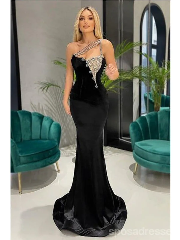 Evening dress with bow-Black Mermaid One Shoulder Cheap Long Prom Dresses,Evening Party Dresses,12931