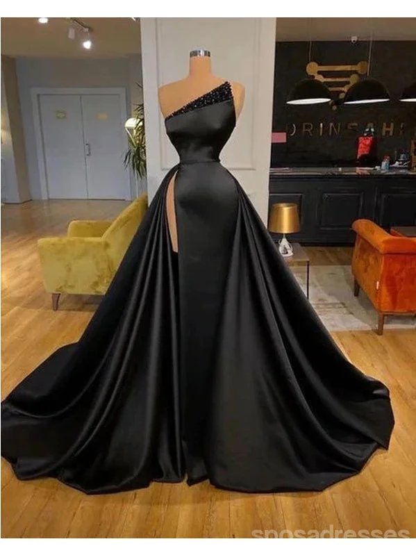 Evening dress with modern design-Black Mermaid One Shoulder High Slit Cheap Long Prom Dresses,12905