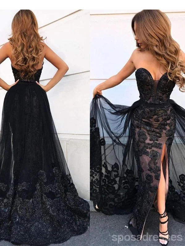 Evening dress with fishtail-Black Mermaid Sweetheart V-neck High Slit Cheap Long Prom Dresses,12851