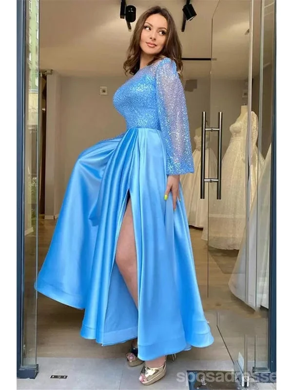 Evening dress with lace applique-Blue A-line Long Sleeves High Slit Cheap Long Prom Dresses Online,12908