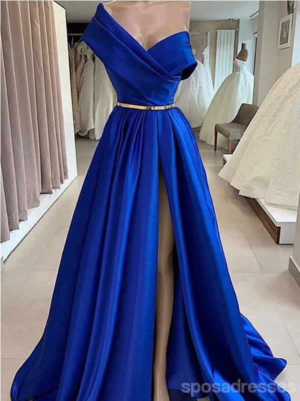 Evening dress with chiffon-Blue A-line Off Shoulder High Slit Cheap Long Prom Dresses Online,12927